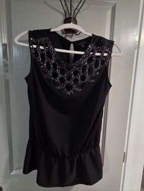Love Stitch Black Sleeveless Top with Beaded Neckline